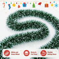 50FT Snowy Green Christmas Tinsel Garland, Metallic Twist Shiny Hanging Garland Ornaments for Xmas Tree Party Supplies Thick Thin Metallic Streamers for Indoor Outdoor Decor