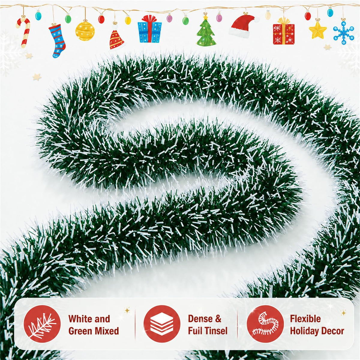 50FT Snowy Green Christmas Tinsel Garland, Metallic Twist Shiny Hanging Garland Ornaments for Xmas Tree Party Supplies Thick Thin Metallic Streamers for Indoor Outdoor Decor