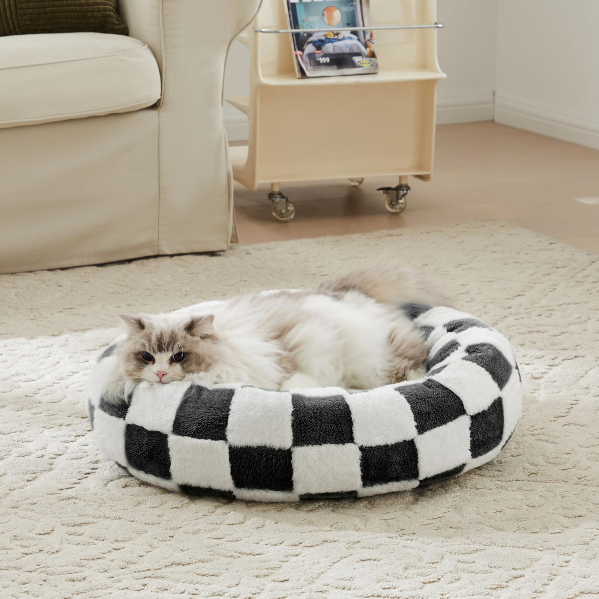 Ohocut Checkered Dog Bed, Cute Black White Retro Style Aesthetic Round Warming Pet Calming Beds for Small Dog and Cats, Plush Cozy Donut Dog Beds Washable, 30" L x 30" W x 8" Th