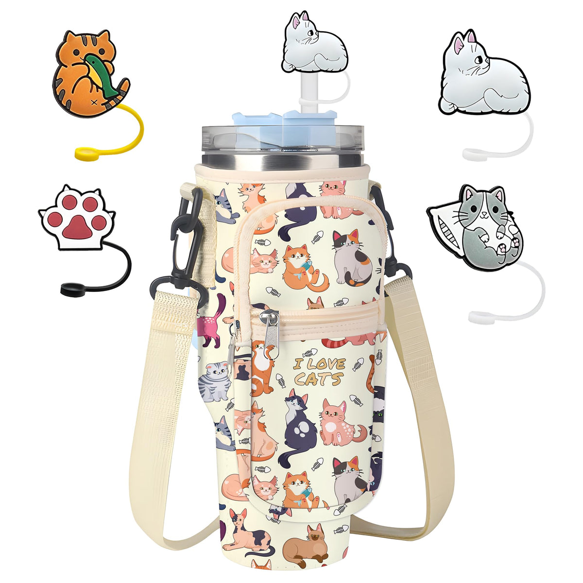 Stanley Cup Bag, Cup Holder for Stanley 30oz/40oz Tumbler with Handle, Stanley Carrier Bag with 4Pcs Cute Straw Topper for Stanley Cup Accessories