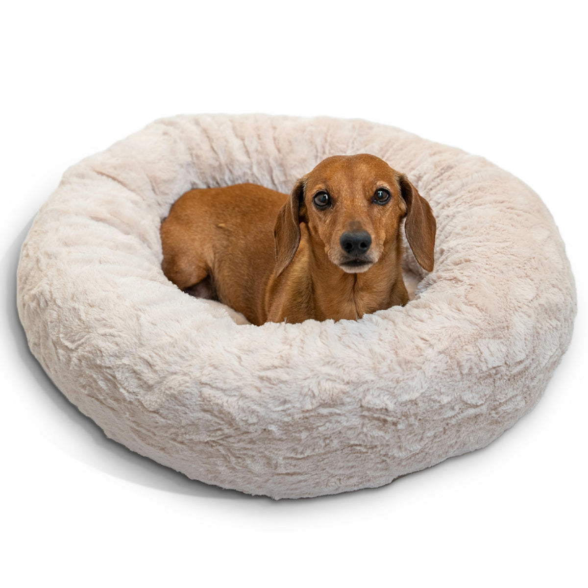 Best Friends by Sheri The Original Calming Donut Dog Bed for Large Dogs up to 100 lbs, Shag Faux Fur, Taupe, Large, 36" x 36"