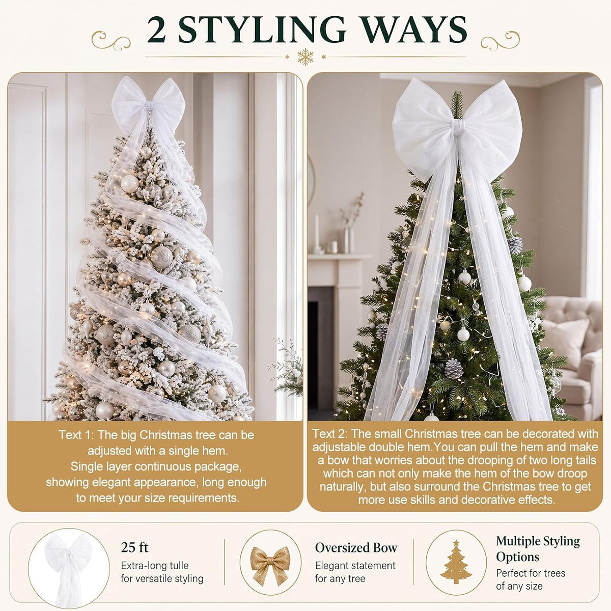 White Large Christmas Bow for Tree Topper 25 ft, White, Tulle