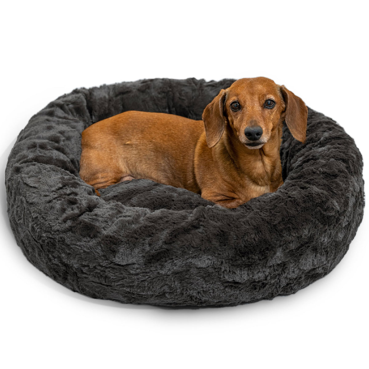 Best Friends by Sheri The Original Calming Donut Dog Bed for Large Dogs up to 100 lbs, Shag Faux Fur, Taupe, Large, 36" x 36"