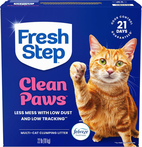 Fresh Step Clean Paws Multi Cat Clumping Litter with Febreze Freshness, Ammonia Block Technology, Low Tracking, 22 lb. Box