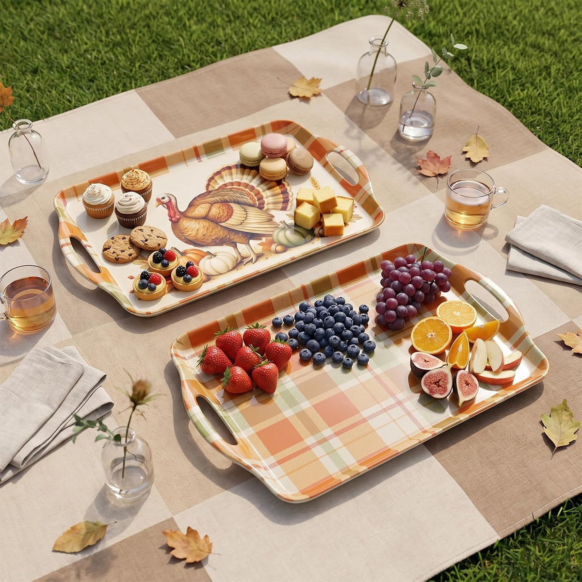 Thanksgiving Serving Trays with Handles, 19 x 11.6 Inch, Set of 2, Bamboo Fiber Serving Platter, Dishwasher Safe, with Removable Silicone Mats, Turkey and Fall Plaid