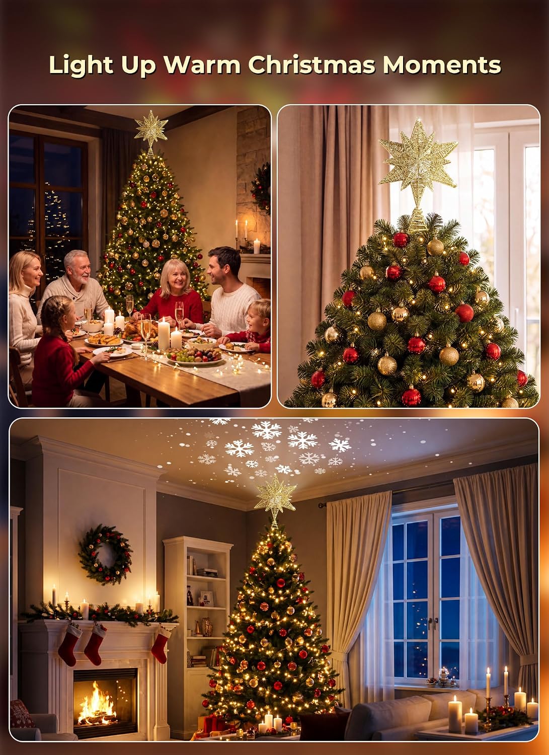 Brightown 12" Gold Christmas Star Tree Topper, Rotating Snowflake Projector