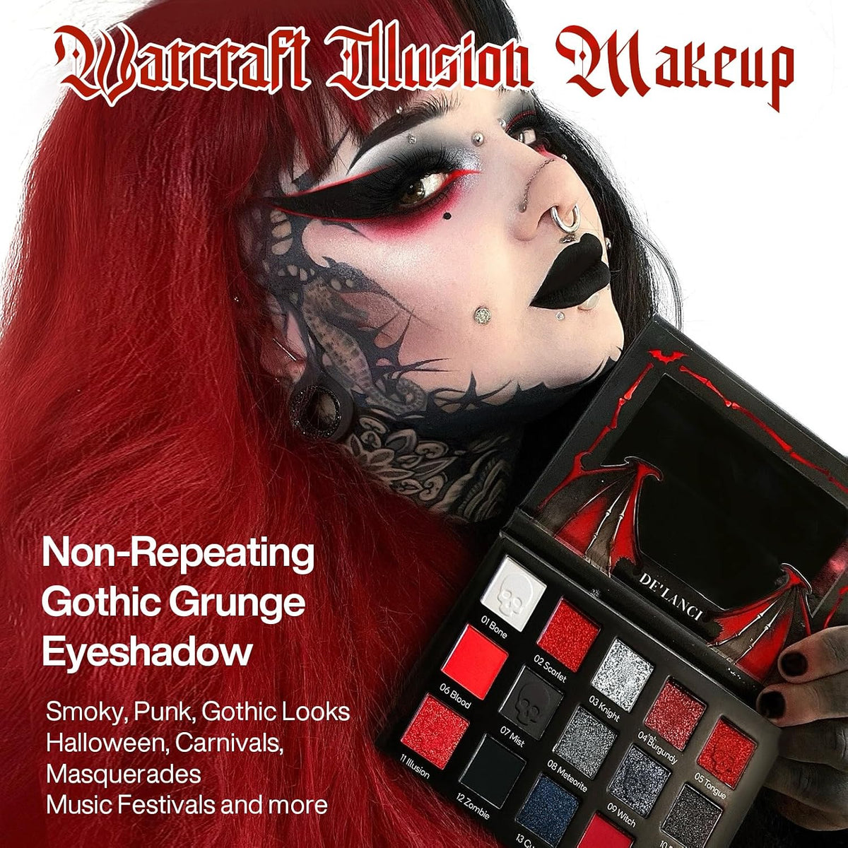 DE'LANCI Red Black Goth Eyeshadow Palette, Red Eyeshadow Goth Makeup Palette, Gray Silver Shimmer Glitter Eye shadow Pallet, Burgundy Eye Shadow for Vampire Clown Halloween Makeup,High Pigment,Vegan