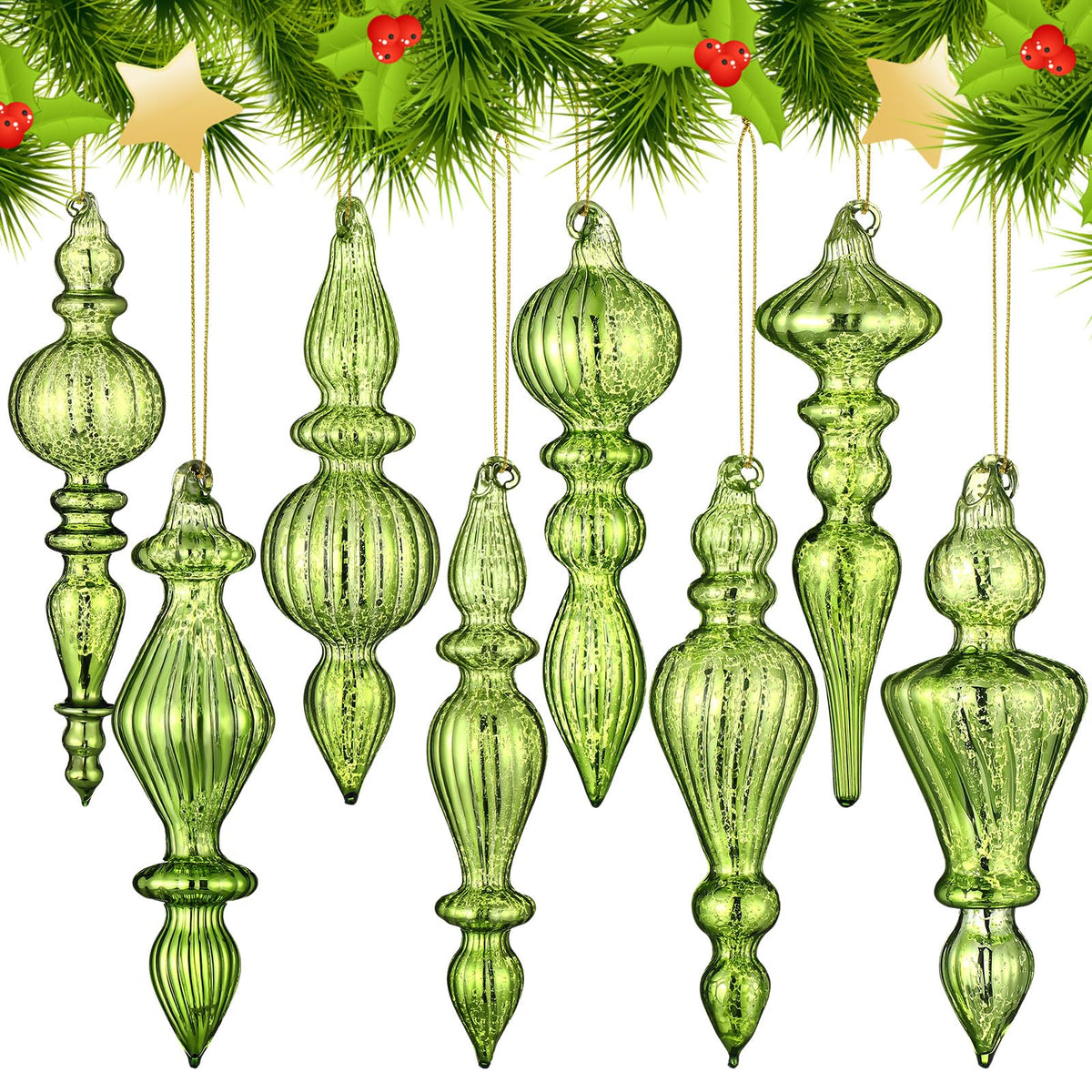 Mifoci 8 Pcs 6 Inch Mercury Glass Finial Christmas Ornaments,Red