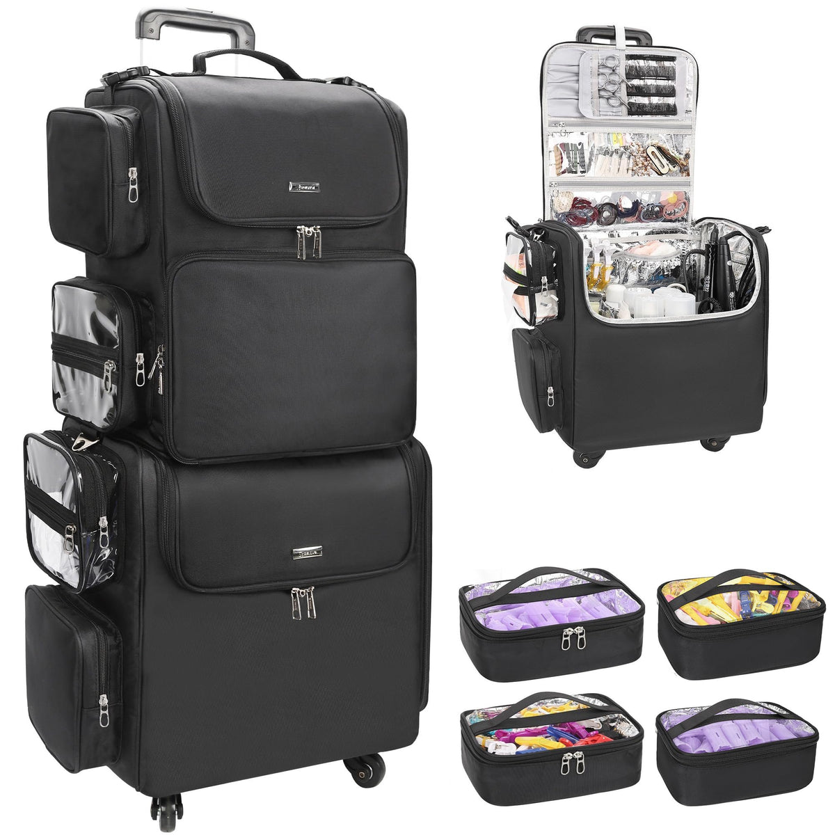 Relavel Rolling Makeup Train Case, Hairstylist Traveling Bag with 4 Wheels, Heat Insulation Full Layer, Adjustable Dividers, Hair Tools and Cosmetics Storage Organizer Trolley Suitcase Makeup Cart