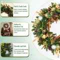 Hykolity 28 Inch Pre-Lit Botanical Christmas Wreath with 50 Warm White LEDs and Timer, Battery Operated Artificial PE & PVC Wreath with Ornaments, Pinecones and Layered Gold Leaves for Front Door