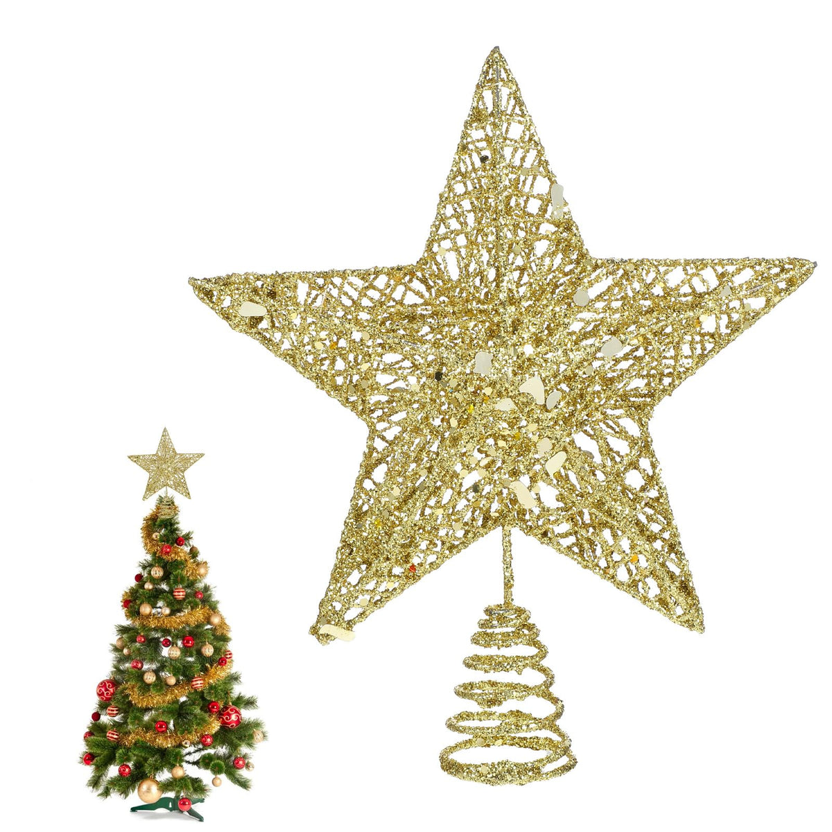 COMNICO Christmas Tree Topper Glittering Gold Hollow Small Star Mini Christmas Tree Decoration 5 Point Star Xmas Treetop Ornaments (15cm/5.9inches)