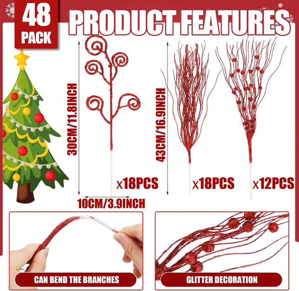 48 Pcs Red Christmas Tree Picks and Sprays Glitter 17" Berry Stems
