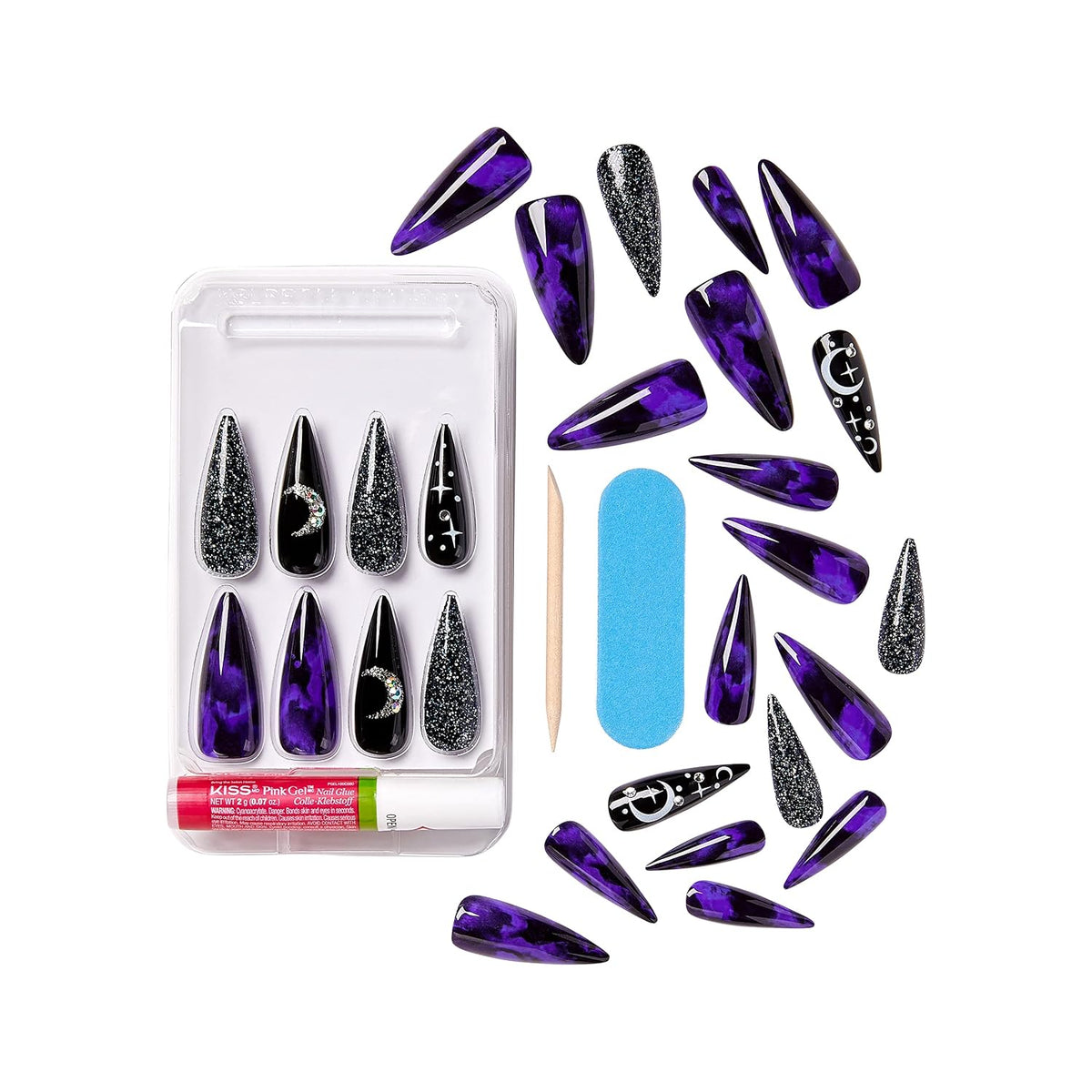 KISS Special Design Halloween Fake Nails, Glow-In-The-Dark, Style ‘Trick or Treat’, with Pink Gel Nail Glue, Mini Nail File, Manicure Stick, & 28 False Nails