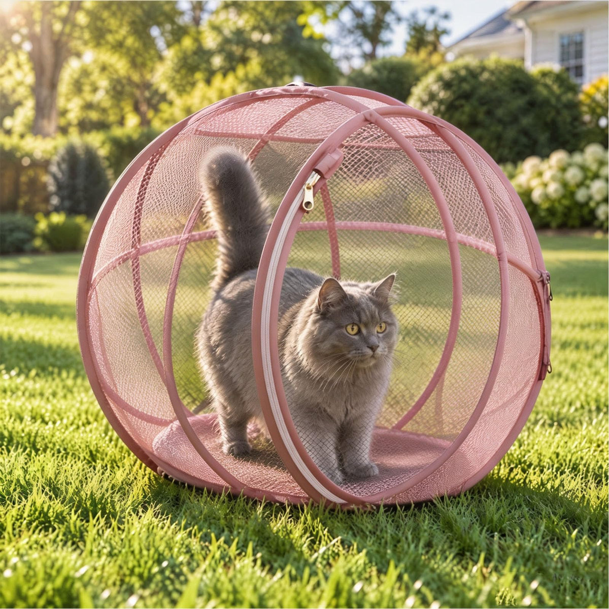 Outdoor Cat Enclosure, Giant Cat Hamster Ball for Outside, Mesh Ball Cat Cage, 360 Panoramic Rolling Cat Playpen, Foldable Breathable Mesh Pet Playpen with Zipper, Cat Outdoor Ball Cage