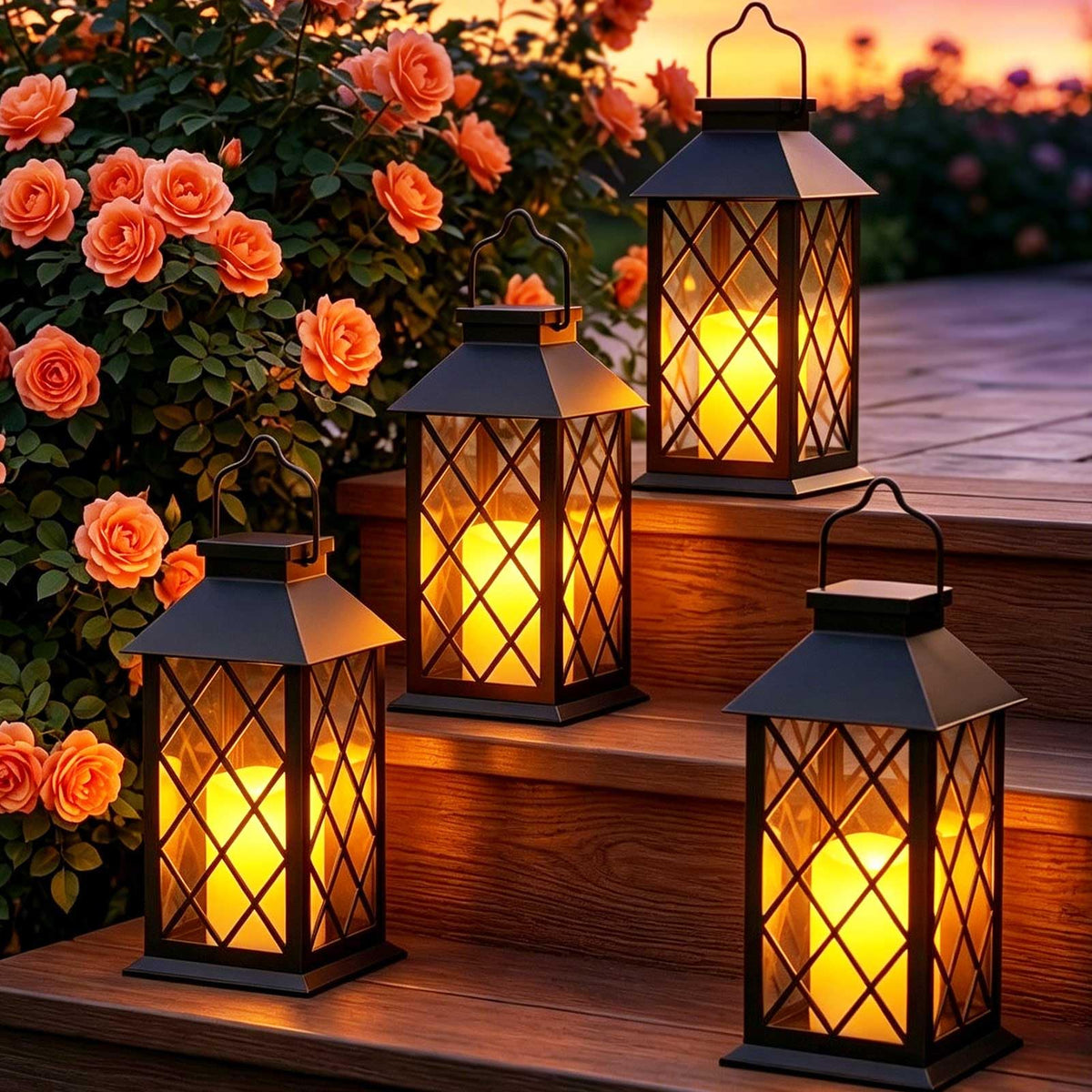 2 Pack 14'' Black Large Outdoor Solar Lanterns Outdoor Waterproof