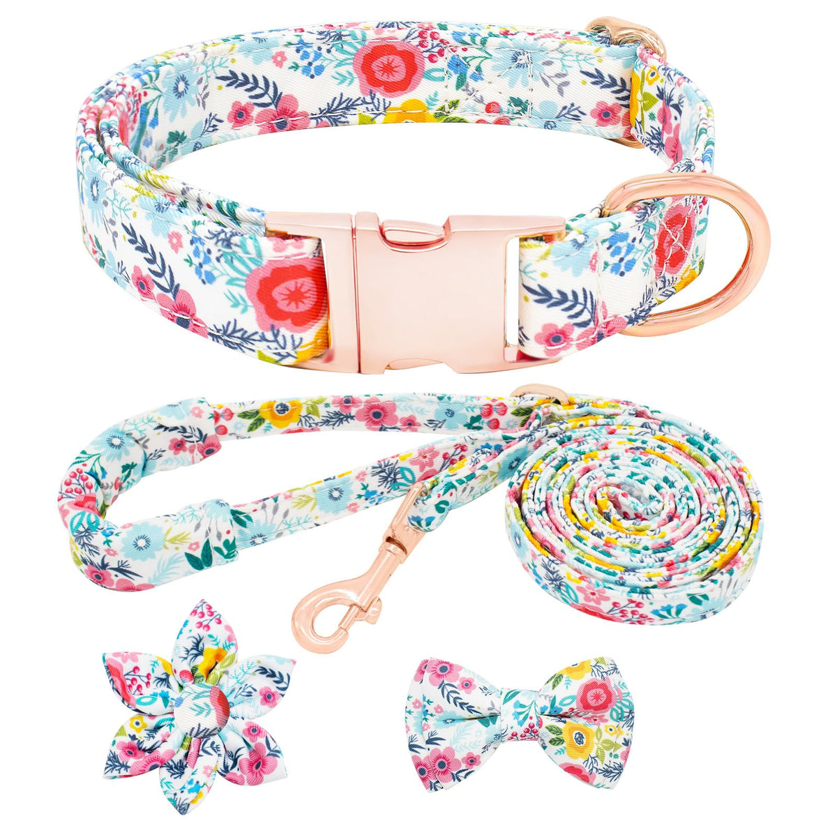 Dog Collar and Leash Set Girls Adjustable Puppy Collars with Floral Bow Tie for Small Medium Large Female Dogs, Orange Flower, XS