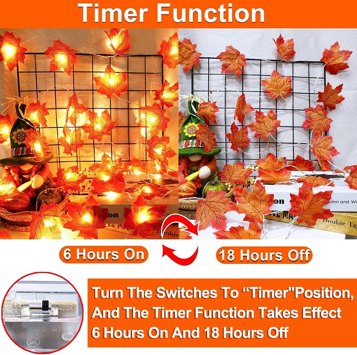 Timer&3 Pack Fall Decor 30Ft Fall Garland with Lights 60LED Autumn Garland | Patented Realistic Maple Leaves Garland Fall Decorations for Home, Battery Operated Waterproof Thanksgiving Halloween Decor