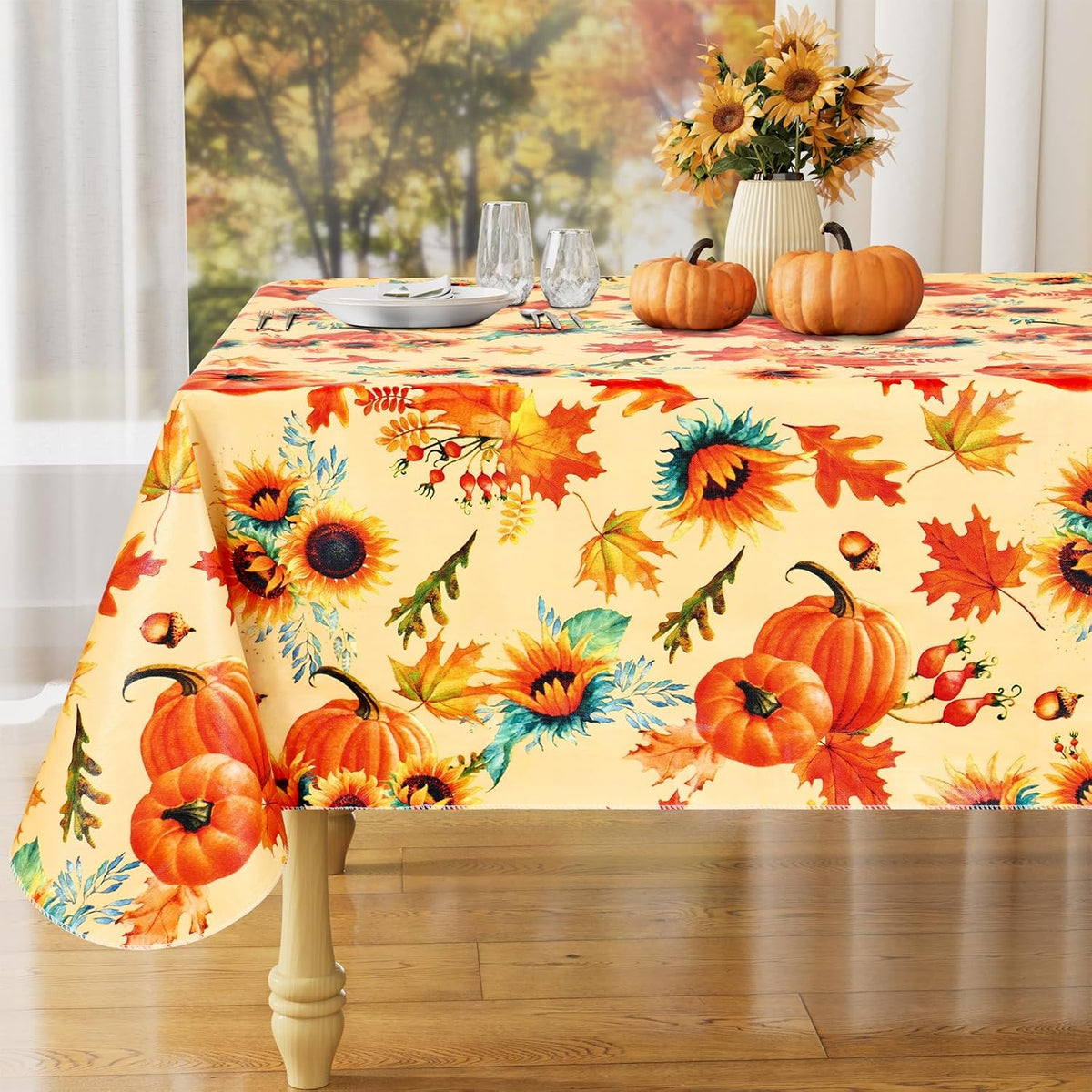 Rectangle Waterproof Vinyl Table Cloth, Wipeable Tablecloth with Flannel Backing, Plastic Table Cover for Fall, Thanksgiving (Pumpkin, 52" x 70")