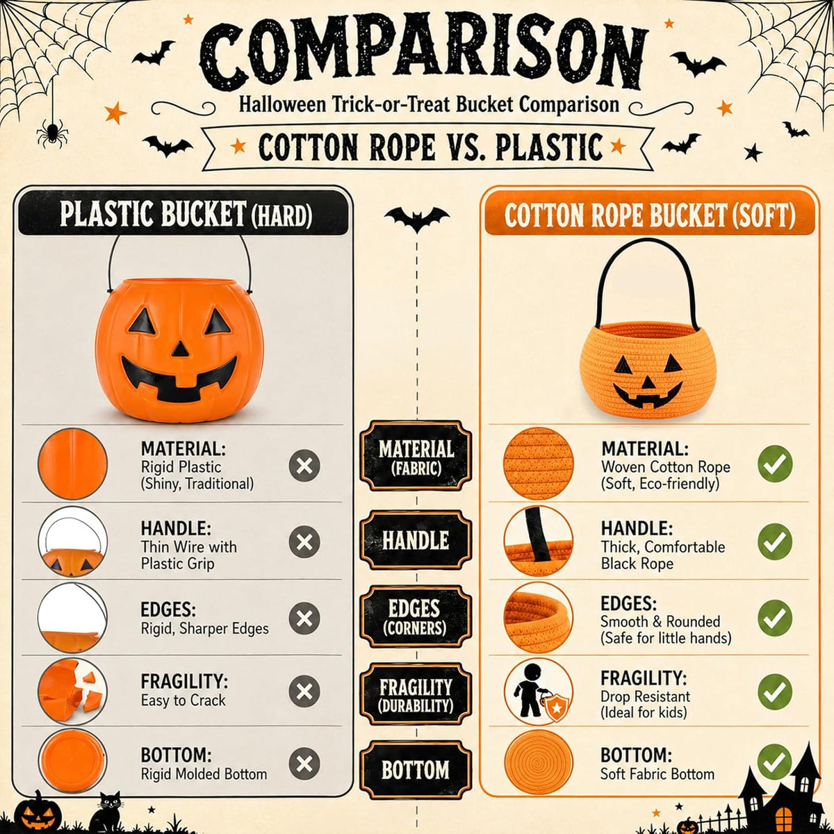 OIASKET Cotton Rope Halloween Pumpkin Basket with Handle, Trick or Treat Bucket for Kids, Woven Boo Candy Basket for Neighborhood Parades & Indoor Holiday Home Decor