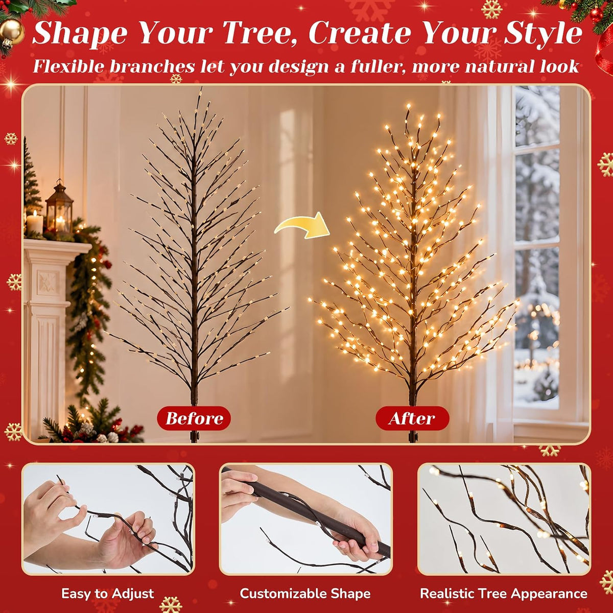 DUMOS 5 Ft Lighted Star Christmas Twig Tree with 200 LED Lights, Xmas Decor