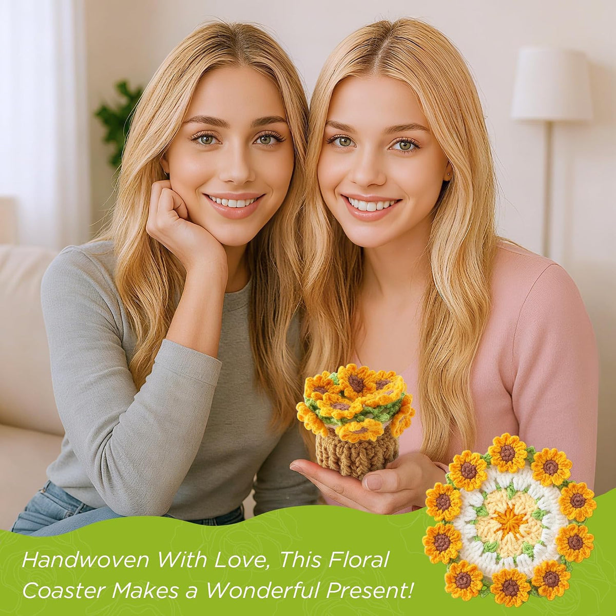 Crochet Flower Coasters, Handmade Bouquet Coasters with Crochet Plant Pot (Sunflower Yellow, 1Pc)