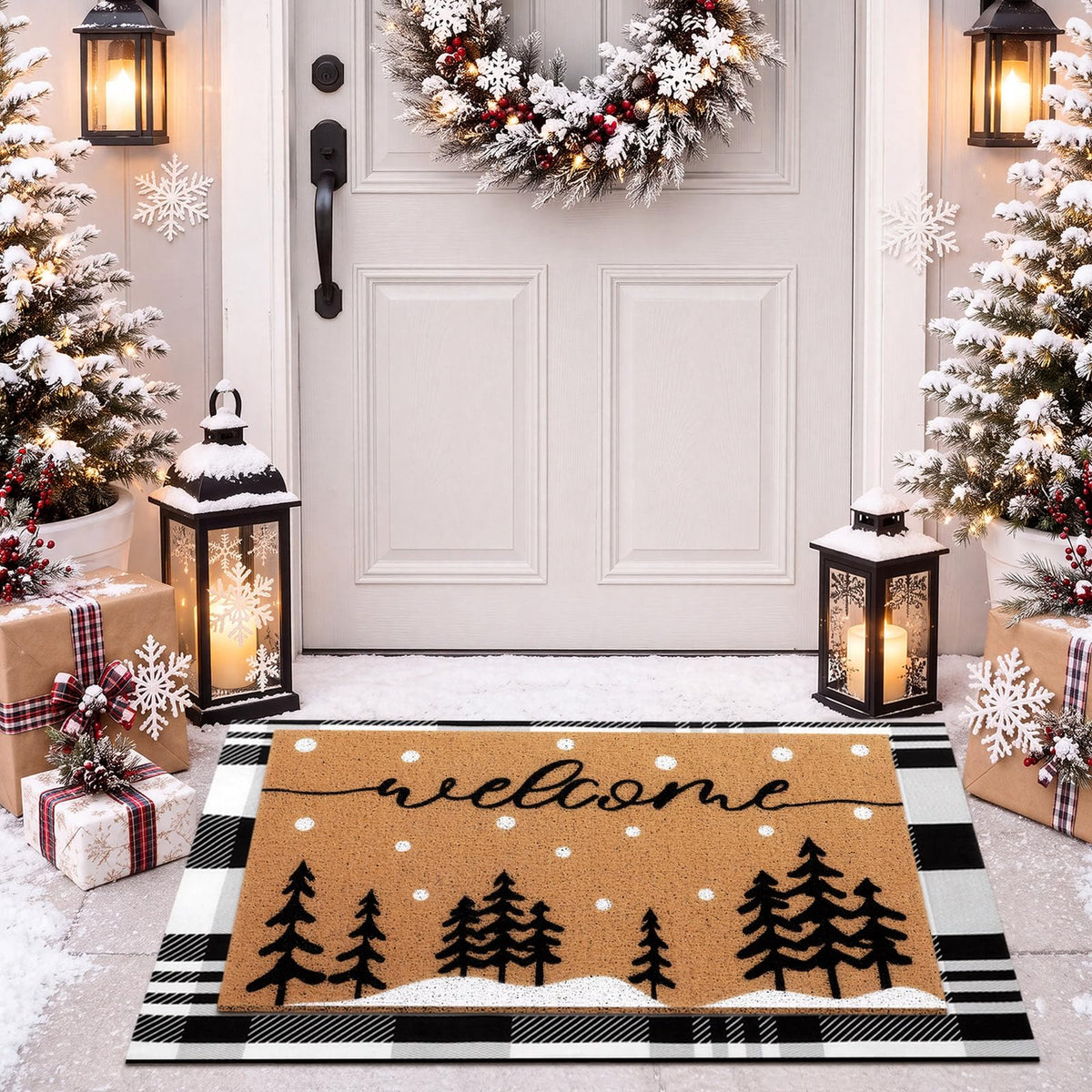 Tinideya 2 23.6 X 35.4 Inches Plaid Ghost Red Brown | Layered Coir Doormat Set, Non Slip Backing for Outdoor Entryway, Buffalo Plaid Seasonal Design, Front Porch Home Decor