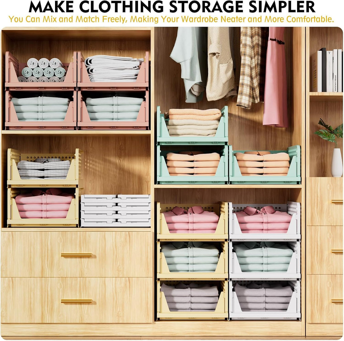 Upgraded Closet Organizers and Storage, Stackable Closet Organizer Basket | 5 Pack Foldable Closet Storage Bins for Bathroom Laundry Room Wardrobe Storage, Space-Saving Clothes Drawer Organizer