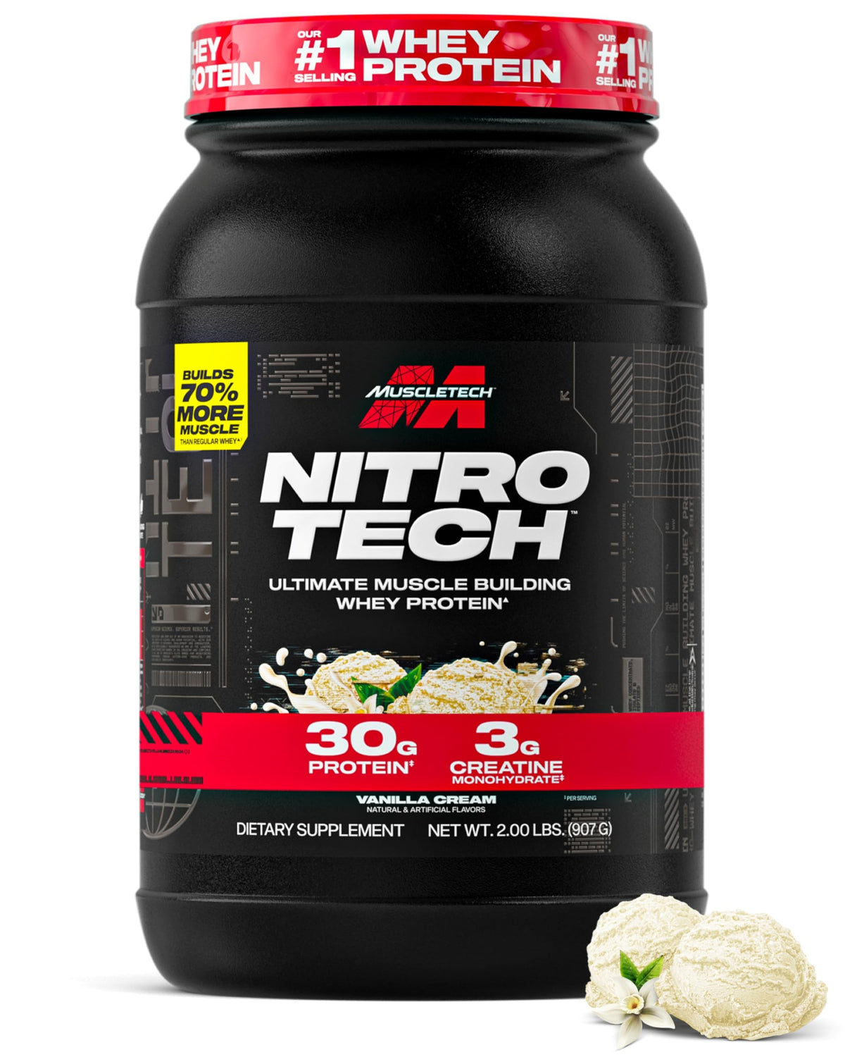 Muscletech Whey Protein Powder (Vanilla Cream, 4 Pound) - Nitro-Tech Ultimate Muscle Building Formula with Whey Protein Isolate - 30g of Protein, 3g of Creatine & 6.8g of BCAA - Packaging May Vary