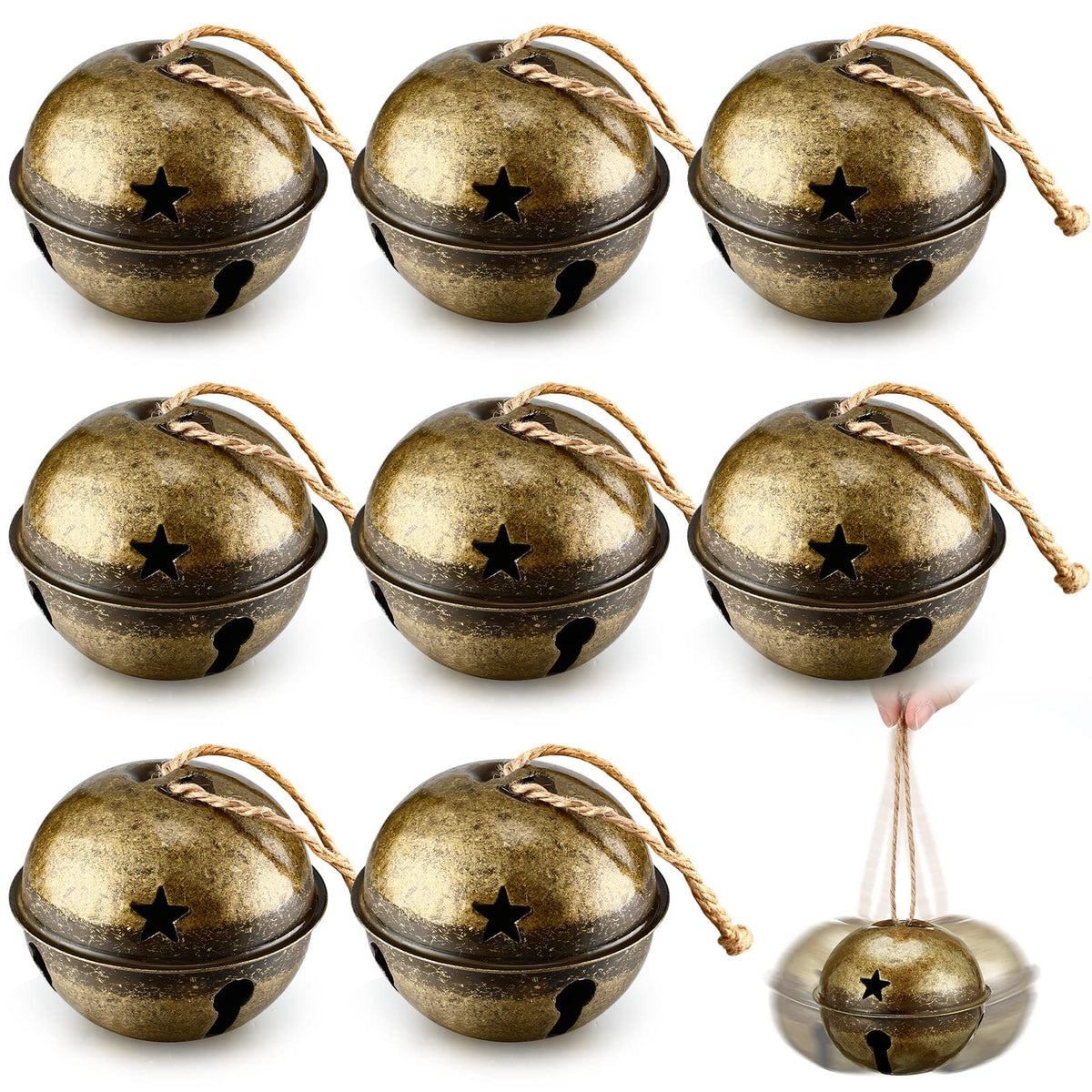 Zhengmy 16 Pcs Large Christmas Jingle Star Bell Xmas Ornament, Gold