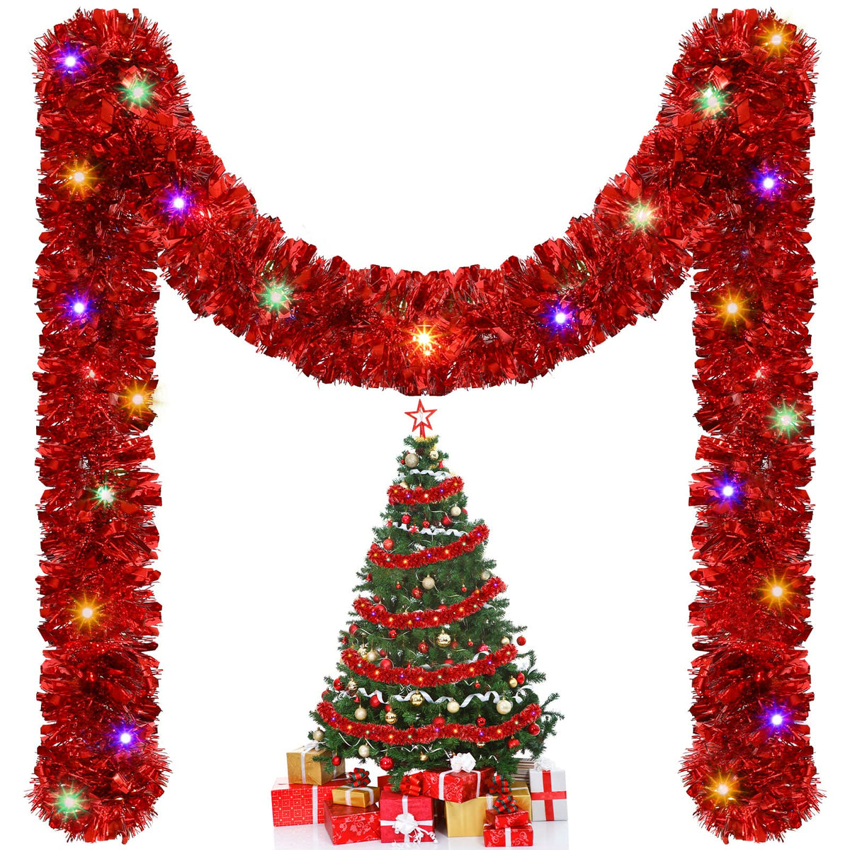 16.4 ft Christmas Tinsel Garland with Light, Multicolor, Red and Green