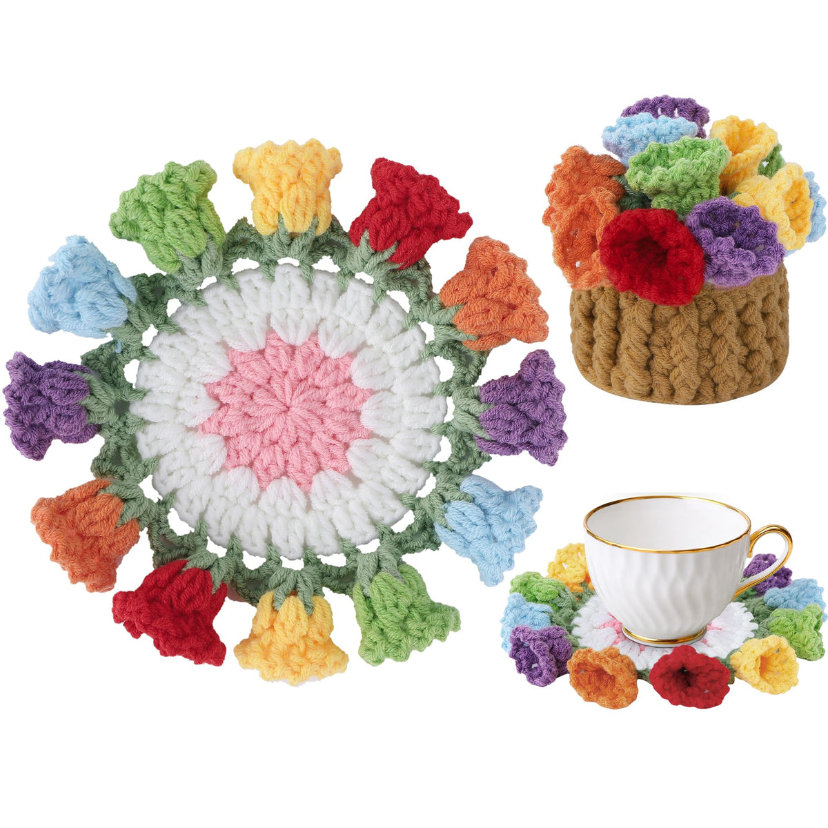 Crochet Flower Coasters, Handmade Bouquet Coasters with Crochet Plant Pot (Sunflower Yellow, 1Pc)