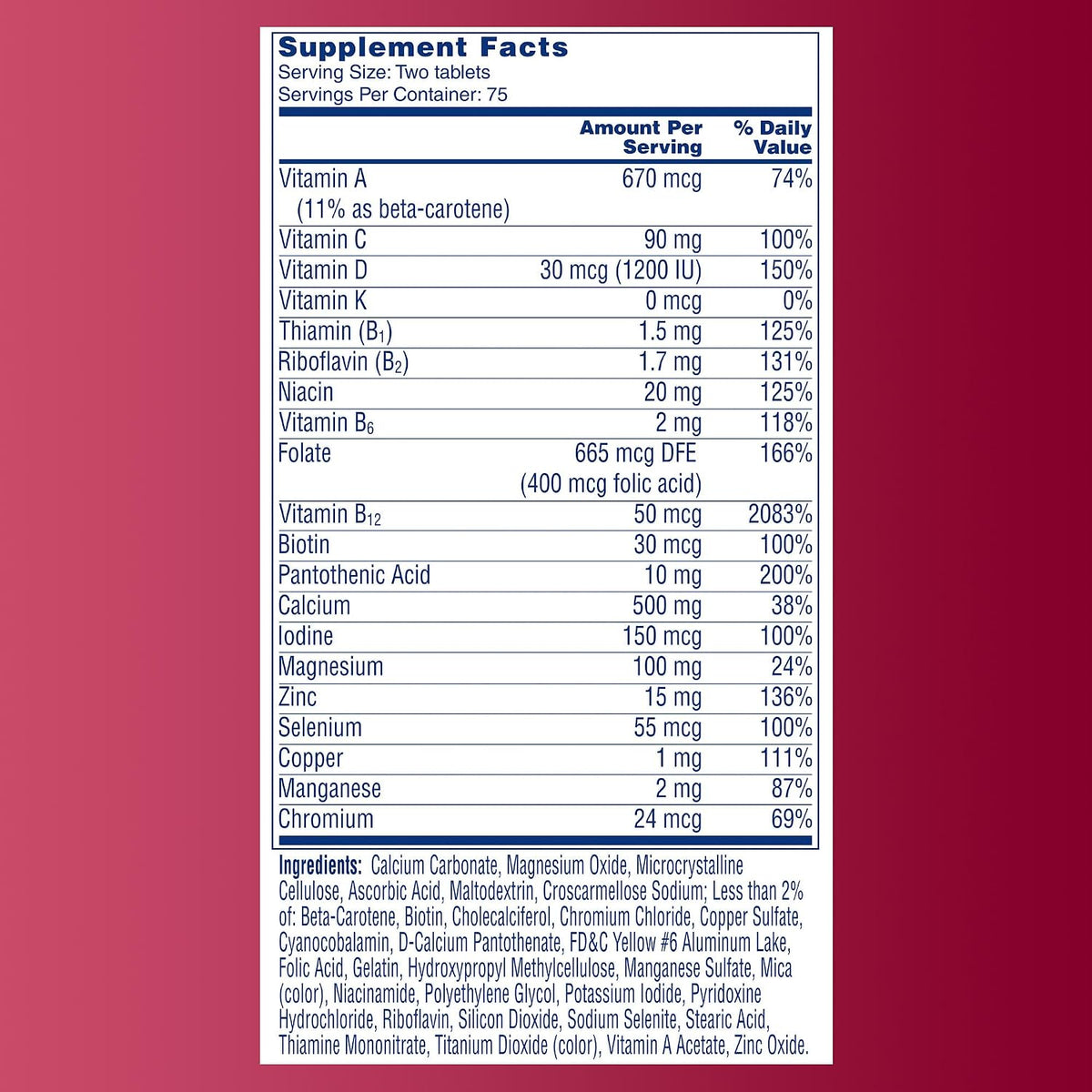 One A Day Proactive 65+, Mens & Womens Multivitamin, Supplement with Vitamin A, C, D, and Zinc to Support Bone Health & Cell Health, Calcium, Folic Acid, Tablet 150 Count