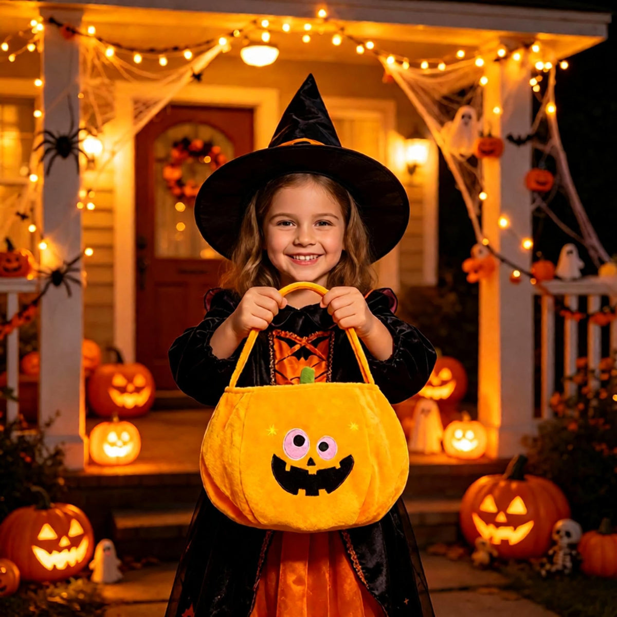 Halloween Pumpkin Candy Bag for Kids, Plush Trick or Treat Tote Bag with