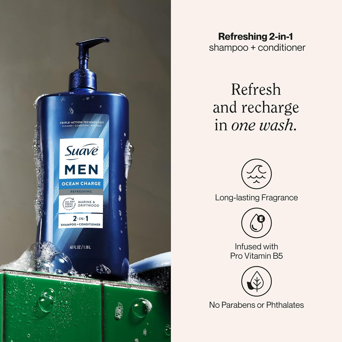 Suave Men Ocean Charge 2 in 1 Refreshing Shampoo & Conditioner with Pro Vitamin B5, Hydrates & Revitalizes Hair, Ocean Fresh Scent, 4 Count, 40 FL OZ Pump