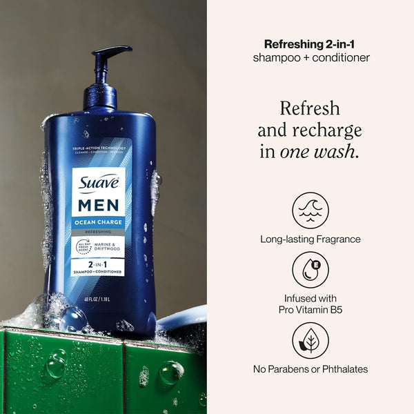 Suave Men Ocean Charge 2 in 1 Refreshing Shampoo & Conditioner with Pro Vitamin B5, Hydrates & Revitalizes Hair, Ocean Fresh Scent, 4 Count, 40 FL OZ Pump