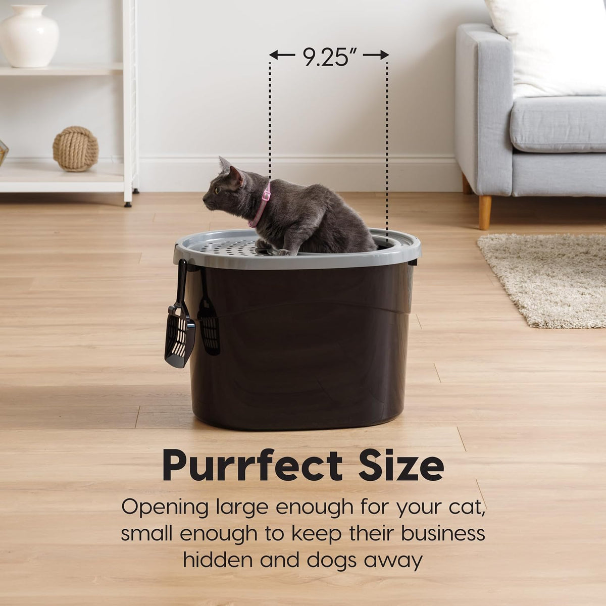 IRIS USA Large Top Entry Cat Litter Box with Lid, Enclosed Covered Cat Litter Box for Indoor Cats, Dog Proof Design, Odor Control, Litter Tracking Reduction, Scoop Included, Black/Gray