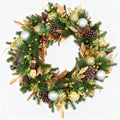 Hykolity 28 Inch Pre-Lit Botanical Christmas Wreath with 50 Warm White LEDs and Timer, Battery Operated Artificial PE & PVC Wreath with Ornaments, Pinecones and Layered Gold Leaves for Front Door