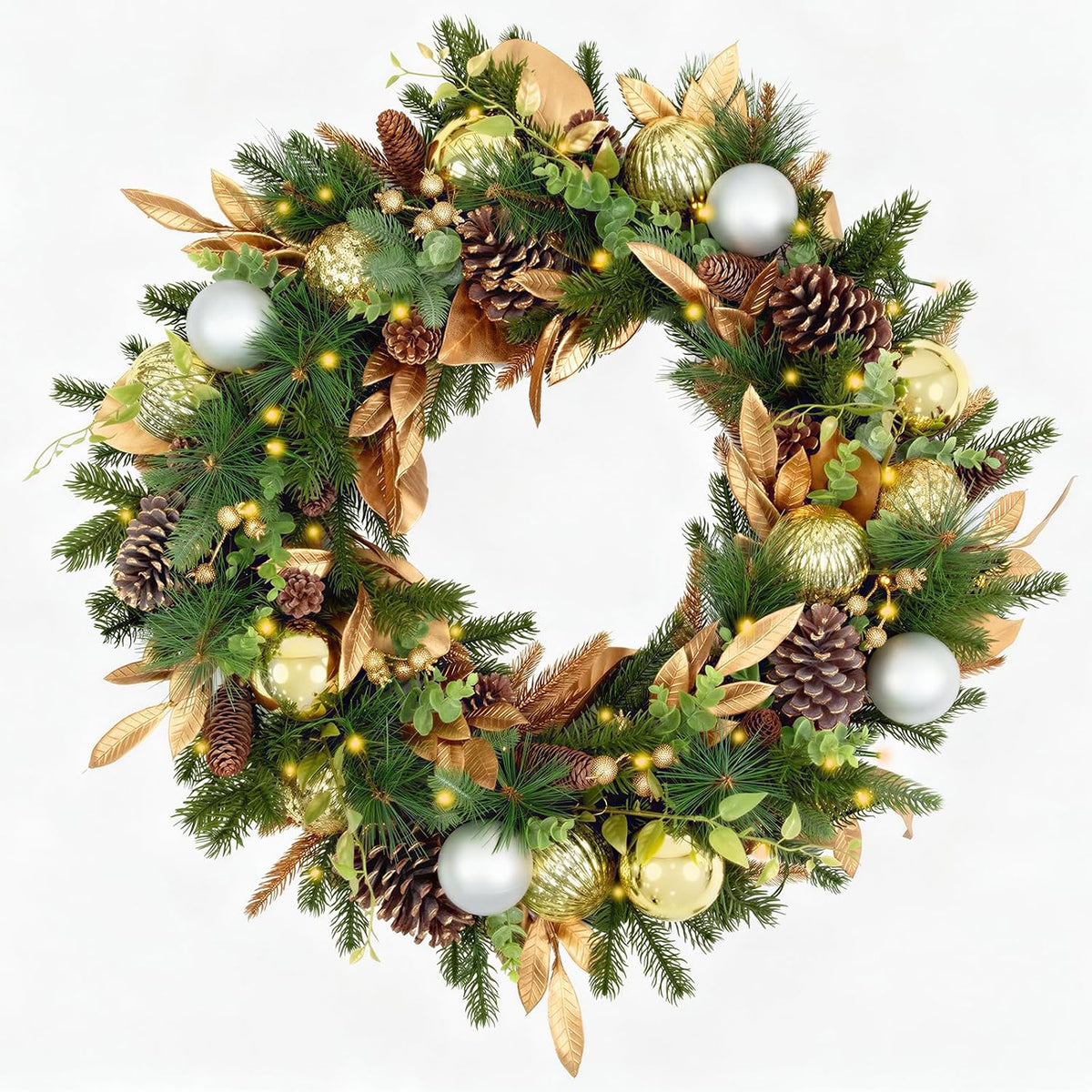 Hykolity 28 Inch Pre-Lit Botanical Christmas Wreath with 50 Warm White LEDs and Timer, Battery Operated Artificial PE & PVC Wreath with Ornaments, Pinecones and Layered Gold Leaves for Front Door