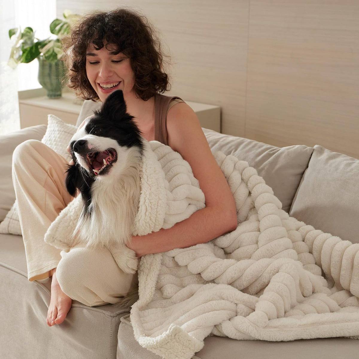 Bedsure ComfyFleece™ Waterproof Dog Blankets for Large Dogs,50x60 Cream | Soft Plush Couch Cover,Washable Corduroy Fleece for Furniture Protector,Cozy Calming Reversible Pet Blanket for Senior Dogs