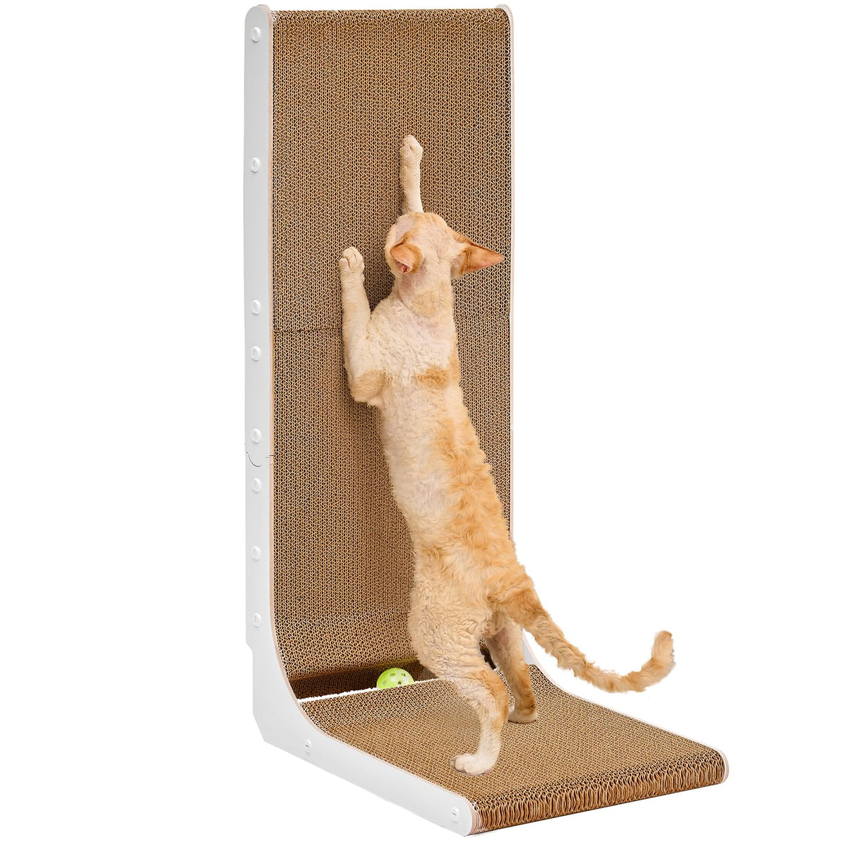 EHEYCIGA Cardboard Cat Scratcher for Indoor Kitten Cats, 19 Inch L Shaped Vertical Cat Scratching Board with Ball Cat Toy, Small Cat Scratcher Pad, Brown