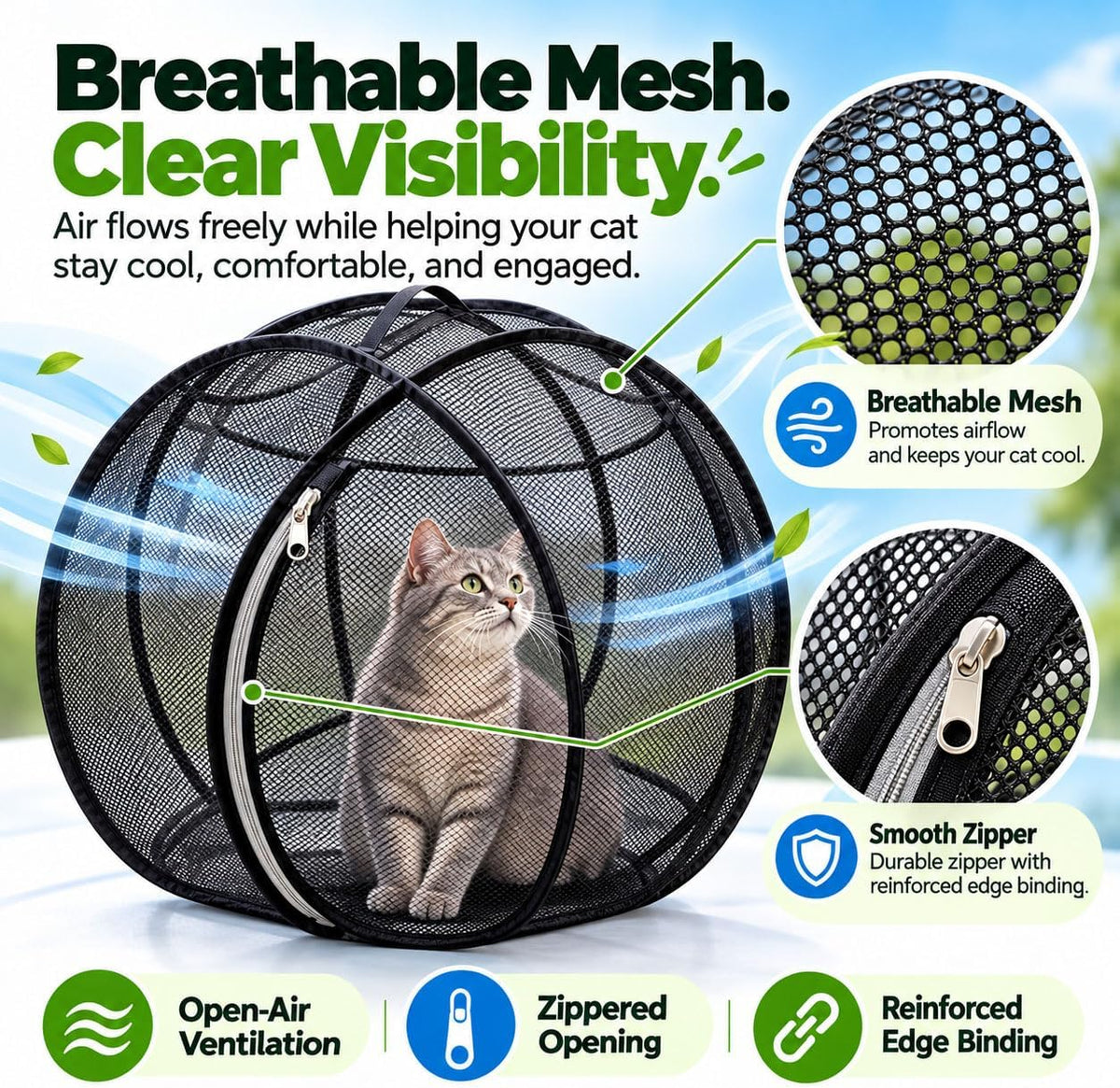 Hamster Ball for Cats, Rolling Cat Playpen, Foldable Mesh Outdoor Catio (A)