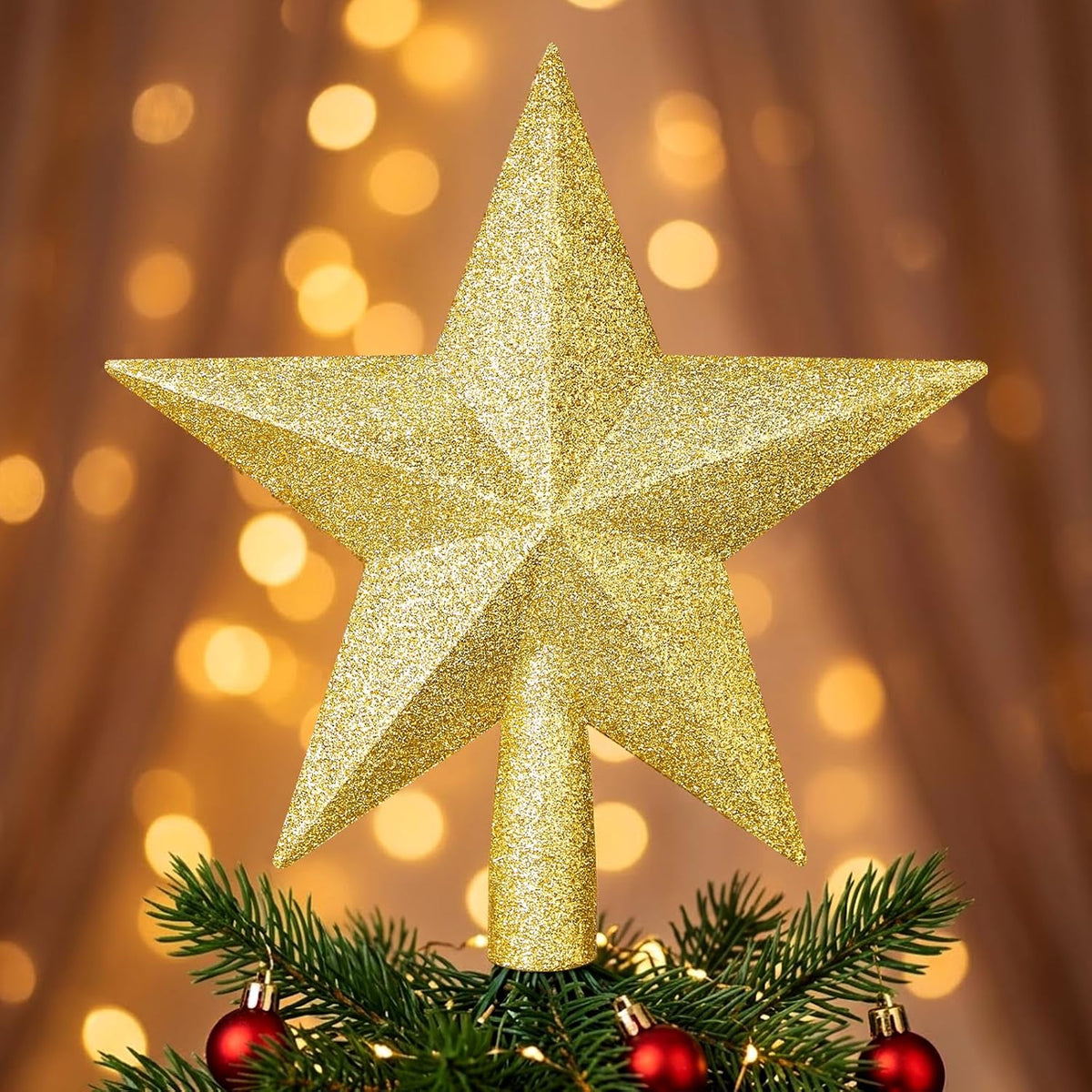 Brightown Gold Glitter Christmas Tree Topper Star, Sparkling Holiday Decor