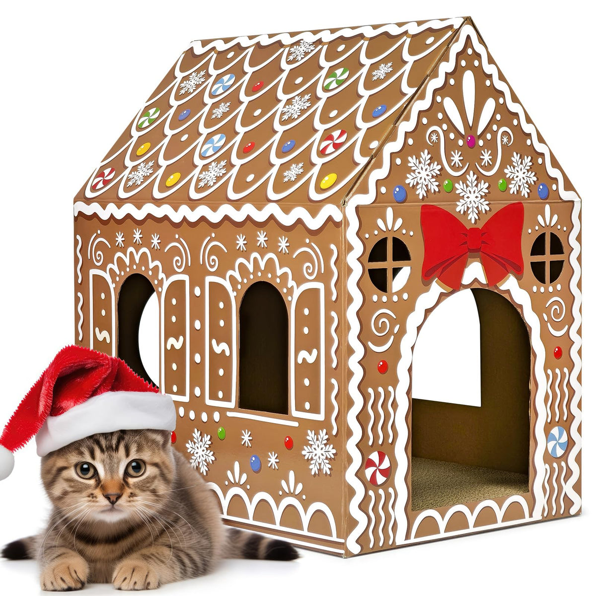 Cinrobiye Cardboard Cat House with Scratcher, Gothic Halloween Cat Scratcher Box with 2 Corrugated Scratch Pads, Open Top Indoor Cat Hideaway Bed for Cats and Kittens