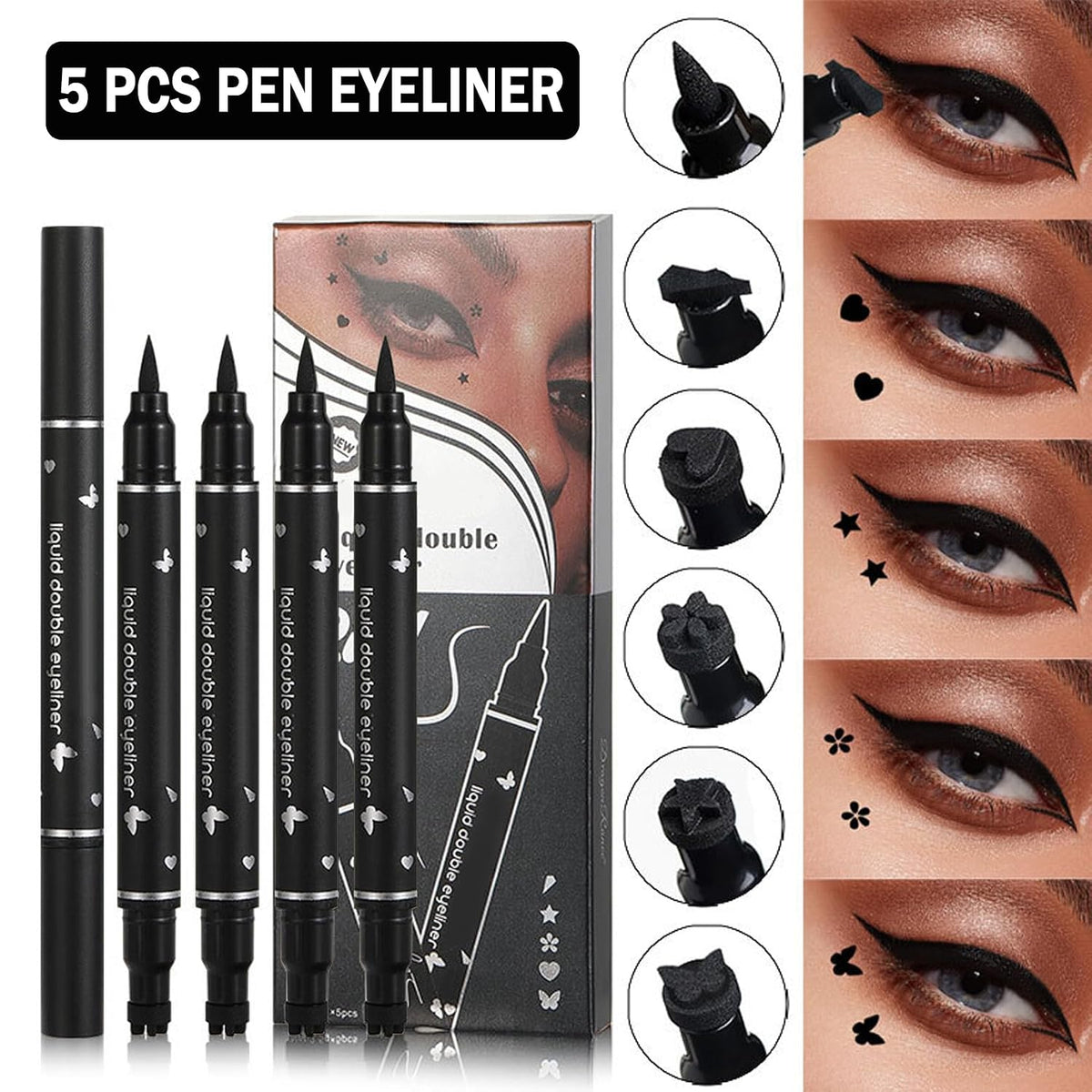 5PCS Double-headed Liquid Winged Black Eyeliner Stamp Pen Set | Eye Liner Pencil Long-lasting Waterproof, Stamp Eyeliner Set for Eye Makeup - Star, Heart, Flower, Butterfly, Triangle