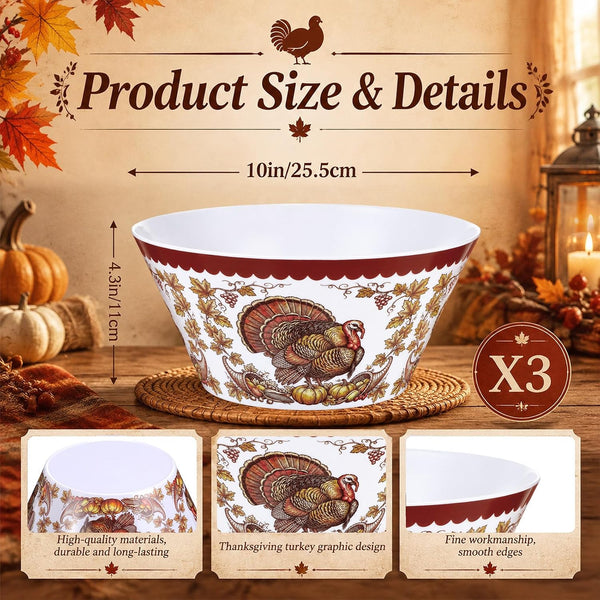 3 Pcs 10" Thanksgiving Serving Bowls, Turkey Print