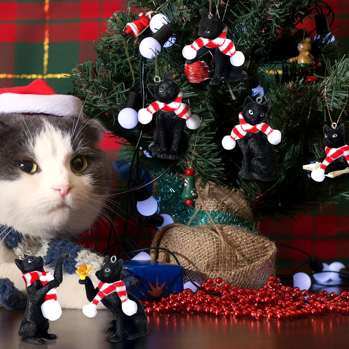 Equsion 6 Pcs Black Cat Christmas Ornament with Candy Cane Scarf Figurine