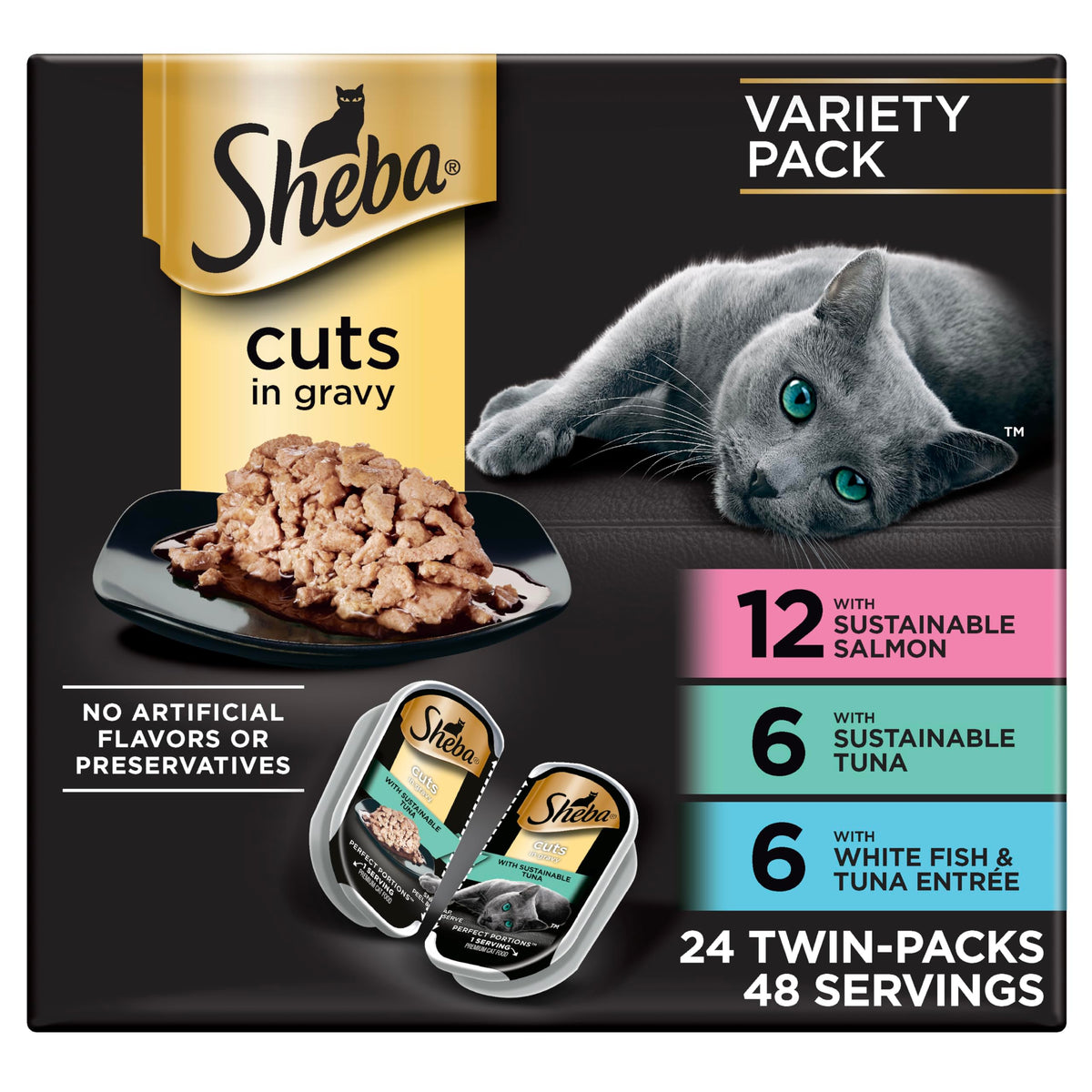Sheba Perfect Portions Wet Cat Food Cuts in Gravy, Cat Food Wet Recipe, Roasted Chicken Entree, with Sustainable Salmon, Tender Turkey Entree, 2.6 oz. Twin-Pack Trays (24 Count, 48 Servings)