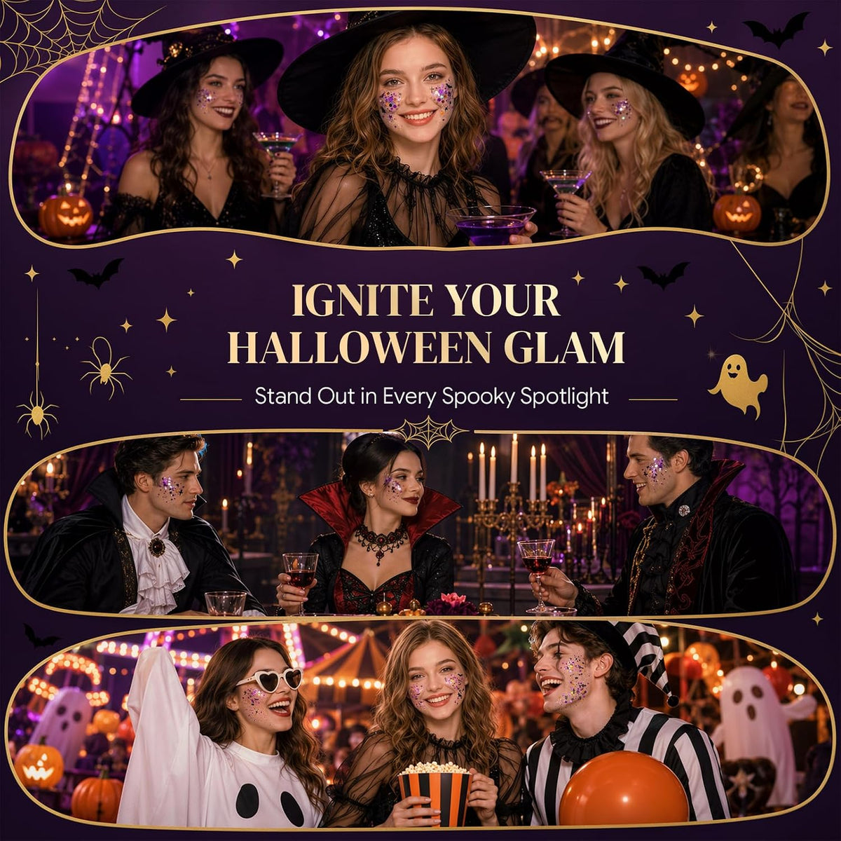 Halloween Body Glitter Stick for Face and Hair, Bat Cross Ghosts Sequins