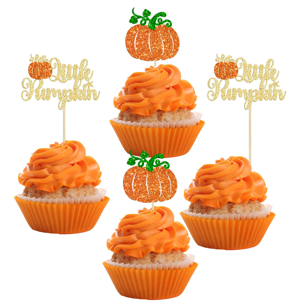 24pc Little Pumpkin Cupcake Toppers - Glitter Pumpkin Cupcake Picks - Baby Shower Decorations - Fall Harvest Theme - Kids Birthday Party Supplies