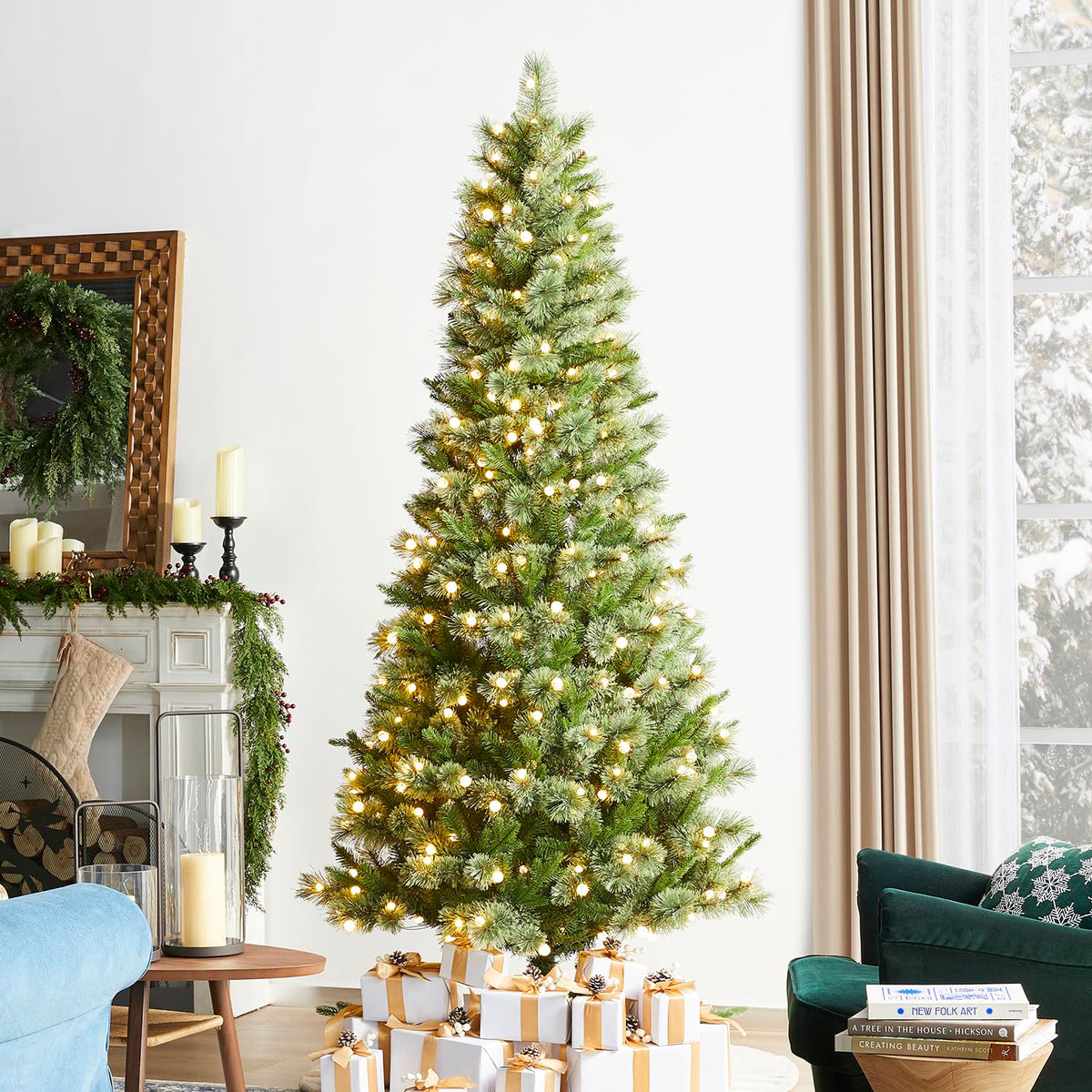 Glitzhome 15ft Prelit Artificial Christmas Tree, Vibrant Evergreen Fir with 5,000 Warm White/Multi-Color Chasing and Twinkling Lights, 13,459 PE&PVC Branch Tips, 9 Function w/Foot Pedal, Simple Setup